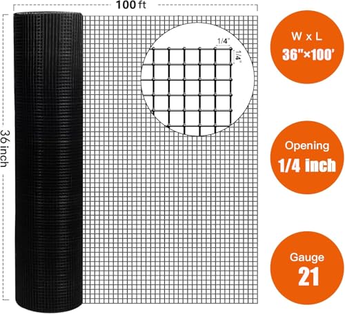Hardware Cloth for Chicken Wire Fencing of Chicken Coop-1/4in Mesh AWG 21 Gauge 36in x 100ft Black PVC Wire Mesh Roll-Aviary Netting, Reptile Enclosures, Green Garden Defense - color: Black, size: 1/4'' 36'' x 100' (AWG 21Ga)