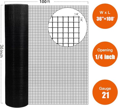 Hardware Cloth for Chicken Wire Fencing of Chicken Coop-1/4in Mesh AWG 21 Gauge 36in x 100ft Black PVC Wire Mesh Roll-Aviary Netting, Reptile Enclosures, Green Garden Defense - color: Black, size: 1/4'' 36'' x 100' (AWG 21Ga)