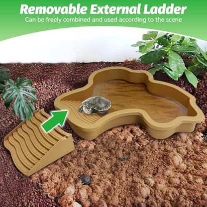 PINVNBY Large Reptile Bathing Pool Tortoise Water Dish with Removable Ramp and Leaf Reptile Food Dish & Water Bowl Tortoise Habitat Accessories for Turtle Lizard Gecko Snake (Yellow)