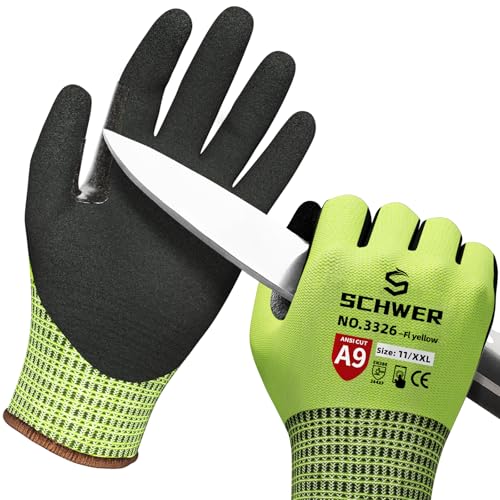Schwer ProGuard Highest Level Cut Resistant Work Gloves PR3326 for Extreme Protection，ANSI A9 Cut Gloves with Reinforced Thumb, Non Slip, Breathable, Cooling, Durable, Touch-screen, Yellow 1 Pair XXL - color: Yellow, size: XX-Large