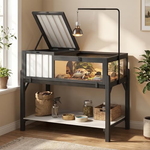PetsCosset Indoor Tortoise Habitat with Storage Shelf & Adjustable Metal Light Stand, Modern Tortoise Enclosure with PVC Shelter, Elevated Tortoise Table for Sulcata, Hermann's & Russian Tortoises - size: 40.35"L x 22.8"W x 34.2"H