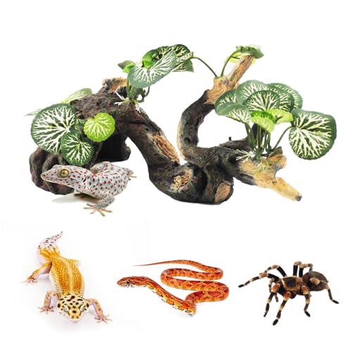 PINVNBY Branches for Reptiles,Crested Gecko Resin Climbing Tree Branch with Hideout Cave Bearded Dragon Tank Accessories Lizard Terrarium Habitat Plant Decorations for Snake Gecko Spider Frog(Green) - color: 【green】
