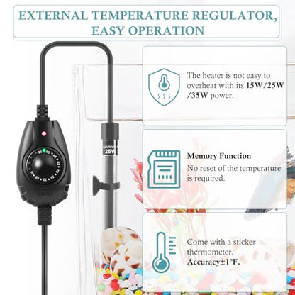 HITOP 25W Super Mini Aquarium Heater: Adjustable Heater for Small Fish Tank 2-6Gallons, with External Controller, Betta Heater for Fish Bowls (25W) - style: 25W(2-6Gal)