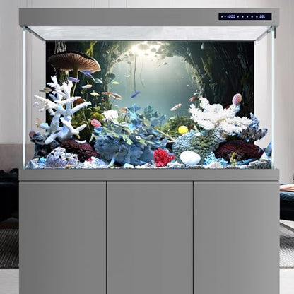 AWERT 36x24 inches Aquarium Background Foggy Stone Mushroom Moss Terrarium Background Polyester Green Plants Cave Fish Tank Background - size: 36x24in/90x60cm