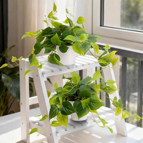 alyptus Fake Pothos Hanging Plants – Set of 2 Faux Ivy Vines Realistic Silk Devil’s Ivy for Indoor Décor, Low Maintenance Artificial Greenery for Home Bathroom or Office - Green with White Pots - color: Green - Pothos