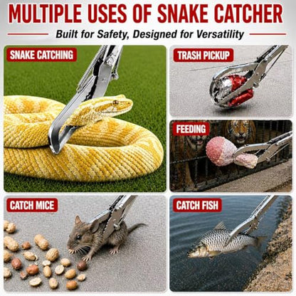 60" Snake Grabber, Collapsible Snake Tongs All-Stainless Steel, Humane Rattle Snake Reptile Catcher Pincher, Smooth Wide Jaw Hangling Tool with Lock - size: 60" snake grabber