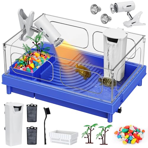 Turtle Tank Kit with Light & Filter, 10 Gallon Aquarium, Easy to Install & Clean, Basking, Feeding & Swimming Areas for Small Turtles - color: Blue, size: Tank+Light+Filter