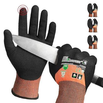 Schwer ANSI A6 Cut Resistant Gloves, CR3709 Cut Proof Work Gloves, Touch-screen Cutting Gloves, 3/4 Dipped Coating for Woodworking, Glass Metal Cutting, Construction, Fishing, XL,3 pairs - size: X-Large, style: 3 Pairs