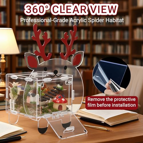 Acrylic Jumping Spider Enclosure 4.7x4.7x3.5 Inches, Magnetic Front Opening Door Escape-Proof Habitat for Tarantulas & Small Reptiles, Cute Deer-Shaped Acrylic Terrarium