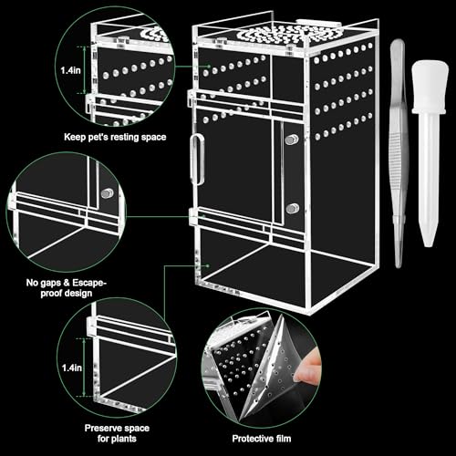 Jumping Spider Enclosure, 3x3x6 Inch Acrylic Terrarium with Magnet Opening Door & Tweezers, Suitable for Tarantula & Praying Mantis