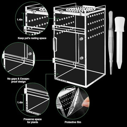 Jumping Spider Enclosure, 3x3x6 Inch Acrylic Terrarium with Magnet Opening Door & Tweezers, Suitable for Tarantula & Praying Mantis