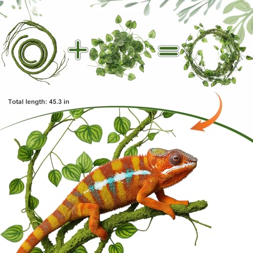 Suncalla Reptile Plants for Terrarium Bearded Dragon Includes Moss Bark Hanging Plant Vines Artificial Leaves Flexible Vines Jungle Climbing Branch for Leopard Gecko Tank Decor