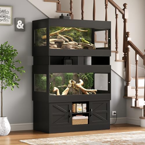 Dual 120 Gallon Reptile Tank with Stand,4x2x2 Reptile Enclosure,Bearded Dragon Tank,Reptile Terrarium with Cabinet,Sliding Doors for Snakes,Lizards,Built-in Power Outlet Black CAGE002B - color: Black, size: 120 Gallon+120 Gallon