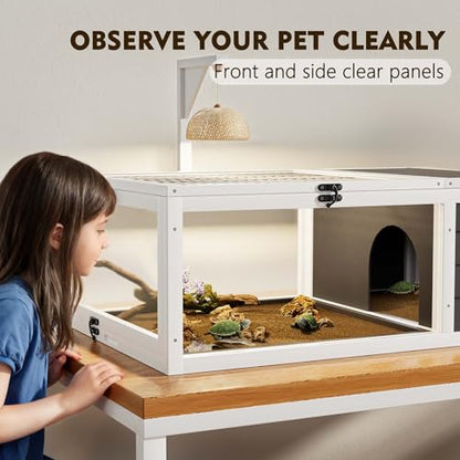 Tortoise Habitat, Tortoise House, Tortoise Enclosure with Adjustable Lamp Holder, Lockable Top, Pull-Out Waterproof Trays, Small Animals & Reptile, Wooden, Indoor & Outdoor