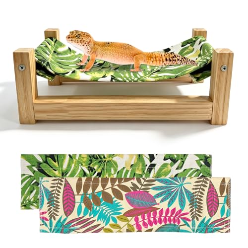Bearded Dragon Hammock Wooden Reptile Sleeping Bed, 2-Pack Removable Fabric Mats, Bearded Dragon Tank Accessories Habitat Decor for Leopard Gecko Snake Small Animals(Green & Colorful)