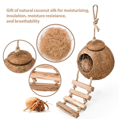 U0U Hermit Crab Coconut Husk Hut with Branch Ladder,Coconut House Hermit Crab Shells Reptile Habitat,Coconut Nest Hangable Suitable for Animal Hiding Sleep (Coconut Shell with Fiber)