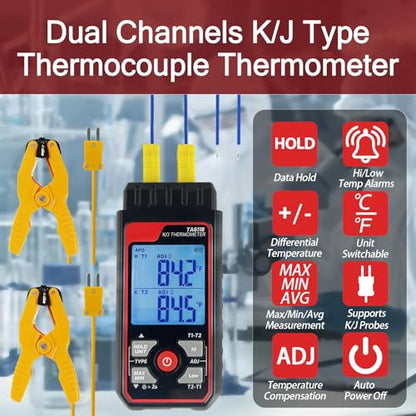Digital K Type Thermocouple Thermometer (-328~2500℉), Dual Channels Thermometer with 2 HVAC Temperature Clamps & 2 Wired Thermocouple Probes, LED Backlight & ADJ Compensation Temperature Meter Tester