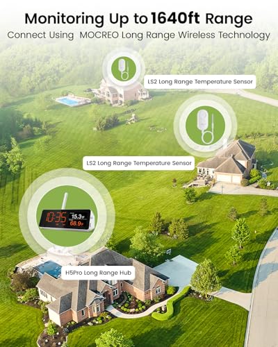 MOCREO WiFi Remote Thermometer Freezer Alarm, 1/3 Mile Long Range, with IP67 Waterproof Probe, App Email Alert, with Digital Monitor Hub, 2 Smart Temperature Sensors for Refrigerator, Hot Tub, RV - style: 1 Long Range LCD Hub + 2 Non-Waterproof Sensors