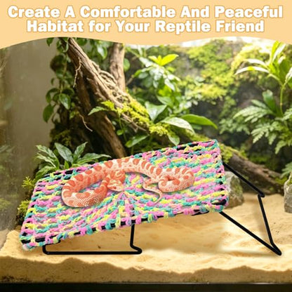 Bearded Dragon Hammock with Ladder, Foldable Reptile Bed with Metal Legs, Cotton-Woven Reptile Basking Platform, Lizard Climbing Accessories for Leopard Gecko, Snakes, Frogs, Hermit Crabs