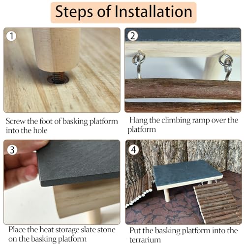 Wooden Bearded Dragon Platform Reptile Basking Platform Climbing with Slate Stone Tank Accessories for Leopard Gecko Lizard Tortoise Snake (Medium Applewood) - size: medium(B)