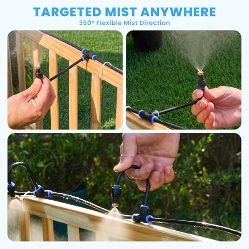 homenote Adjustable Misting System, 360° Flexible Brass Nozzles, 32FT Pre-Assembled Mister Hose for Patio Cooling, Garden Irrigation, Greenhouse Watering, Pet Chicken Coop Cooling - size: 32FT / 10M