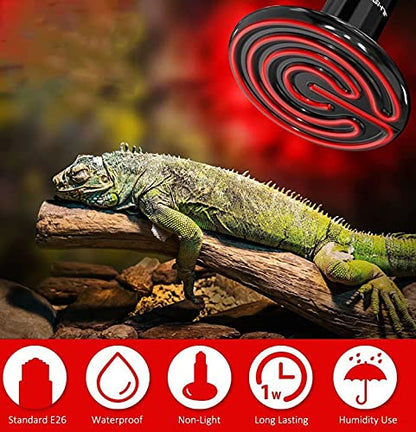100W Reptile Ceramic Heat Lamp Ceramic Infrared Heat Emitter E26 No Harm No Light Reptile Heat Lamp Bulbs Black Lamp for Pet Brooder Coop Chicken Lizard Turtle Snake Bearded Dragon,2-Pack