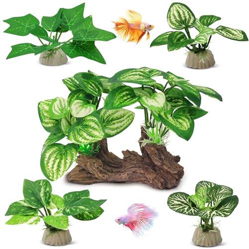 GOZILLA Silk Fish Tank Plants,Reptile Artificial Plant,Reptile Plants for Terrarium,Aquarium Decorations Accessories Set,Resin Driftwood Artificial Silk Aquarium Plant for Fish Tank.(5PCS/B-Set) - color: 5pcs/B-set