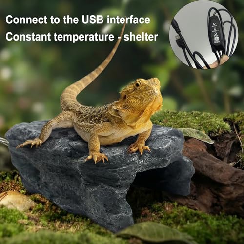 Heated Reptile Hide Cave - Rock Hideout with Adjustable Temperature, Thermostat Heating Rock for Bearded Dragons, Ball Pythons, Leopard Geckos & Small Animals - Snake Hide & Reptile Decor (Rock cave)