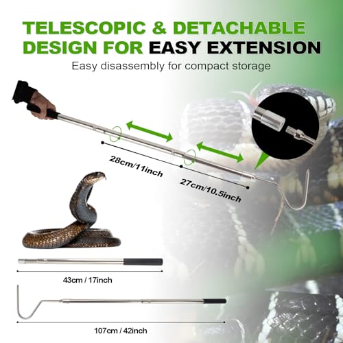 Snake Hook, Snake Grabber Tool Heavy Duty with 42 Inch Extensible Stainless Steel, Snake Tongs Stick for Rattlesnake, Copperhead Snake, Ball Python, Rattle, Cobra, Corn, Rosy Boas