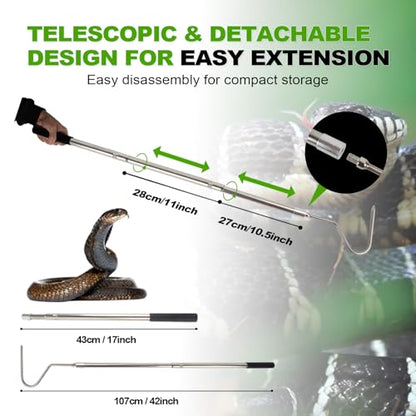 Snake Hook, Snake Grabber Tool Heavy Duty with 42 Inch Extensible Stainless Steel, Snake Tongs Stick for Rattlesnake, Copperhead Snake, Ball Python, Rattle, Cobra, Corn, Rosy Boas