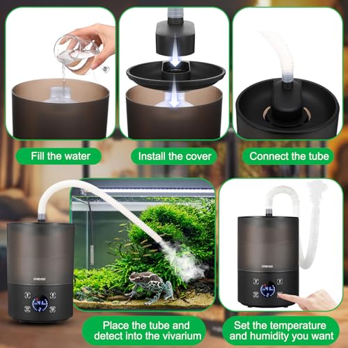 Dreyoo Reptile Fogger Humidifiers with Humidity Control, Top Fill Reptile Mister with Smart Touch LED Display, 3 Mist Levels, Auto Shut Off, Extendable Hose for Crested Frog Gecko Terrarium