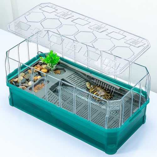 Turtle Habitat Spacious Turtle Tank Kit with Rain Shower Filter SPA & Easy Drain - Perfect for Baby Turtles, Red Eared Sliders Tortoises Green, 18.2×9.2×8 Inch