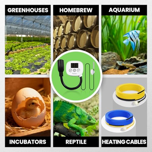 Digital Heating Temperature Controller Outlet, 120V Plug-in Thermostat Switch 34-140°F, 0–10H Timer, for Pipe Heating Reptile Greenhouse Aquarium Brewing Seedling Breeding & Hatching