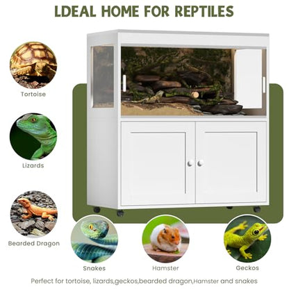 Reptile Terrarium with Storage Cabinet – Large 60 Gallon Tank with Wheels, Sliding Door & Metal Mesh Roof – Perfect for Lizards, Snakes, and More