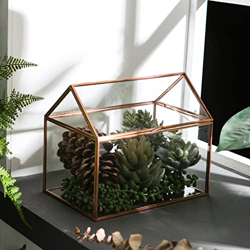 House Shape Close Glass Geometric Terrariumn Tabletop Succulent Plant Garden Geo Planter Moss Fern Swing Lid Reptile, Flower Pot for Plants Succulent, Air Plant (Rose Gold) - color: Rose Gold