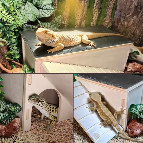 Bearded Dragon Basking Platform,Wooden Reptile Hide Cave with Slate Rock Climbing Ramp Tank Accessories for Leopard Geckos,Lizard,Snake,Tortoise (Small) - size: S:7.1×4.7×4.3"