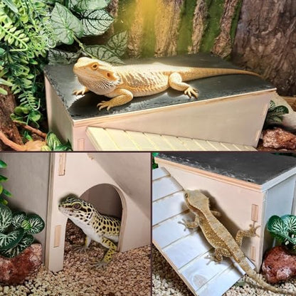 Bearded Dragon Basking Platform,Wooden Reptile Hide Cave with Slate Rock Climbing Ramp Tank Accessories for Leopard Geckos,Lizard,Snake,Tortoise (Small) - size: S:7.1×4.7×4.3"