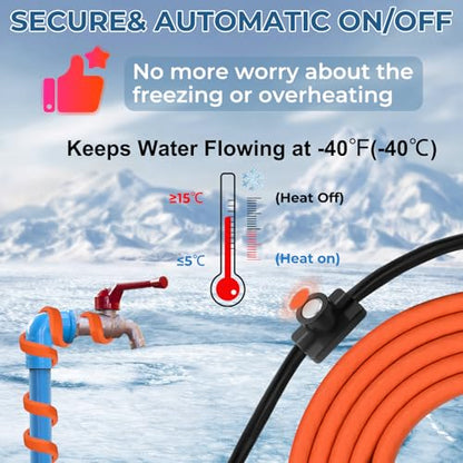 15FT Heat Tape for Water Pipes Freeze Protection IP65 Waterproof 8W/FT 110V BDDFOTO Water Pipe Heat Cable With Thermostat Self-Regulating Pipe Heater for House Garden/RV Camper - style: 15 FT