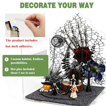 24-in-1 Jumping Spider Enclosure Kit, Acrylic Arboreal Terrarium with Magnetic Door & Feeding Hole, Complete Accessories for Tarantula Mantis Reptile Isopod, 8"x8"x12" (Gothic Style)