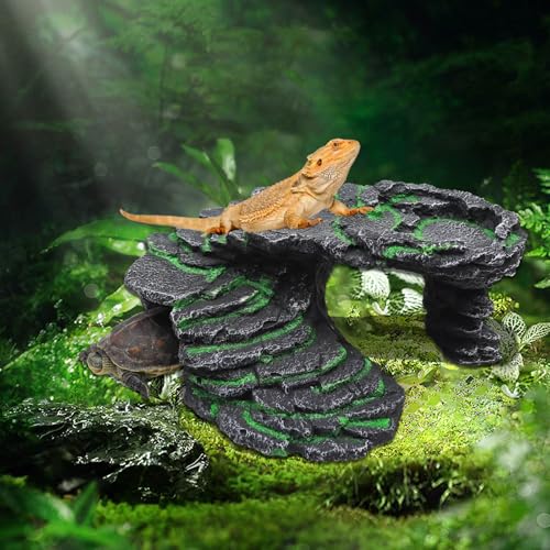 Large Bearded Dragon Hideout, Resin Simulation Stone Reptile Hide Cave, Reptile Basking Platform, Terrarium Habitat Decor for Lizard Spider Aquarium Fish Gecko - 9.5 × 8 × 3.7 Inch