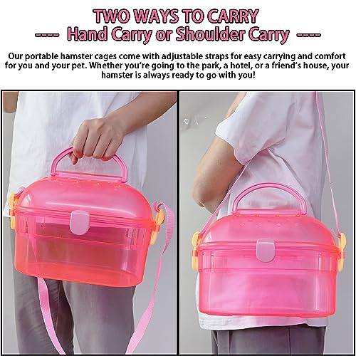 kathson Portable Hamster Cage Dwarf Hamster Carry Case Syrian Hamster Carry Travel Cage with House Food Bowl Adjustable Strap Pet Outgoing Cages Carrier for Small Hamster Young Guinea Pig Pink - color: Pink | Hamster Carriers