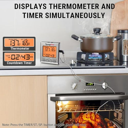 TempPro Digital Meat Thermometer for Cooking and Grilling, BBQ Food Thermometer with Backlight and Kitchen Timer, Grill Temperature Probe Thermometer for Smoker, Oven, Baking,Oil(Previously ThermoPro) - color: Light Silver