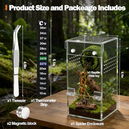 No Assembly Upgraded Acrylic Jumping Spider Enclosure Kit,Magnetic Closure Front Door & 3-Side Ventilation, with Tweezer &Thermometer Strips &Reptile hidepout,Ideal for Snail,Insect,Lizard,Tarantula - size: Habitat+Tweezers+Temperature strip+Hideout