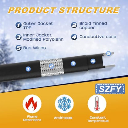 3FT~200FT Heat Tape for Water Pipes, -40°F Deicing Cable,Pipe Heat Cables for Roof,Gutter，Farm，Freeze Protetion Heating Wires, Heated Water Hose,Plumbing Fixtures,120V 5W/FT (6FT) - size: 6FT