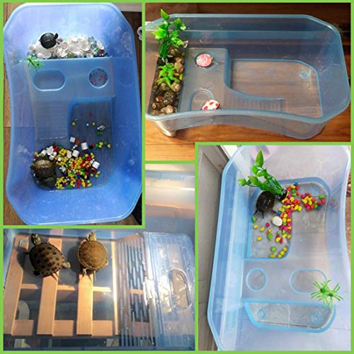 PINVNBY Plastic Turtle Tank Reptile Habitat Pet Terrariums Turtles Tank Aquarium Terrapin Topper Basking with Platform Plants,Durable,Safe, Non-Toxic(Blue) - color: Blue