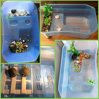 PINVNBY Plastic Turtle Tank Reptile Habitat Pet Terrariums Turtles Tank Aquarium Terrapin Topper Basking with Platform Plants,Durable,Safe, Non-Toxic(Blue) - color: Blue