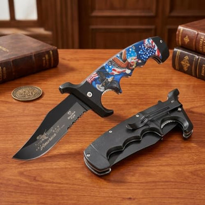 Snake Eye Tactical 9" Folding Pocket Knife – 4" Black 440 Stainless Steel Half Serrated Blade, 5" Patriotic American Flag & Eagle Printed Handle, Pocket Clip, 250th Anniversary Edition - color: Black