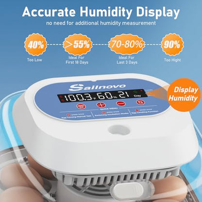 Sailnovo 12 Egg Incubator with Automatic Egg Turning and Humidity Display, Built-in Candler & 360° View Window, Manual & Preset Modes for Hatching Chicken Duck Quail Eggs Home Classroom Lab