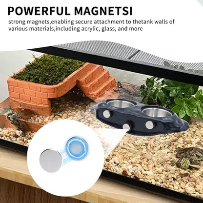 Magnetic Resin Reptile Feeding Ledge - Black Double Feeder with 8 Replacement Cups (3 Types), Strong Magnet Gecko Food and Water Dish for Crested Gecko, Chameleon, Lizard Terrarium Accessories