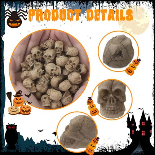 Vellibring 50pcs Halloween Mini Skull Decoration,Miniature Realistic Resin Skeleton Head Halloween Skull Heads Figurine for Vase Filler Trick Toy Party Table Decor